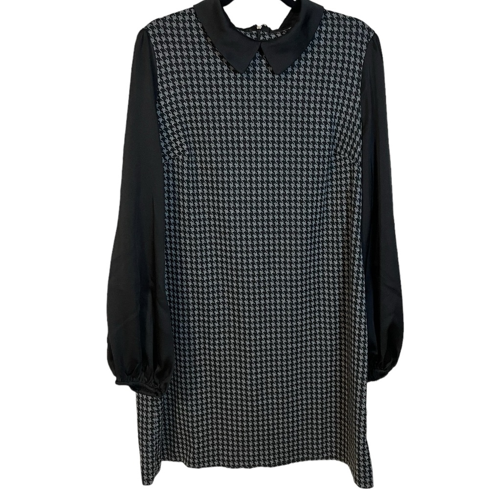 Houndstooth Shift Dress with Black Sleeves